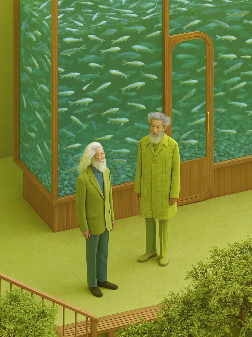 An independent editorial image of two figures standing before a monumental wall-sized aquarium in a green architectural interior