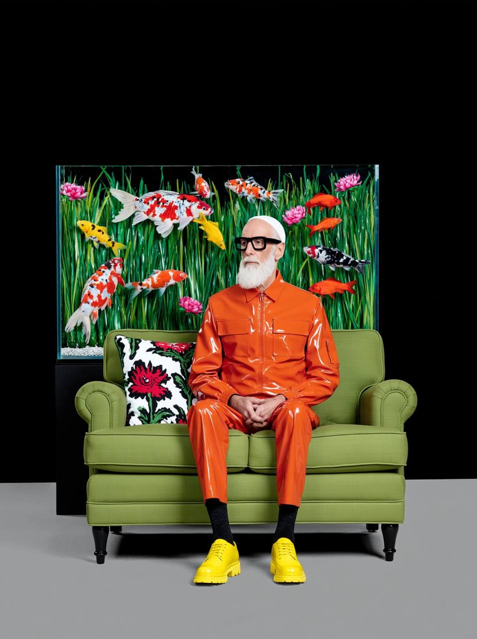 An independent editorial interior with an older man, a green sofa, floral textiles, and koi moving through a monumental aquarium wall