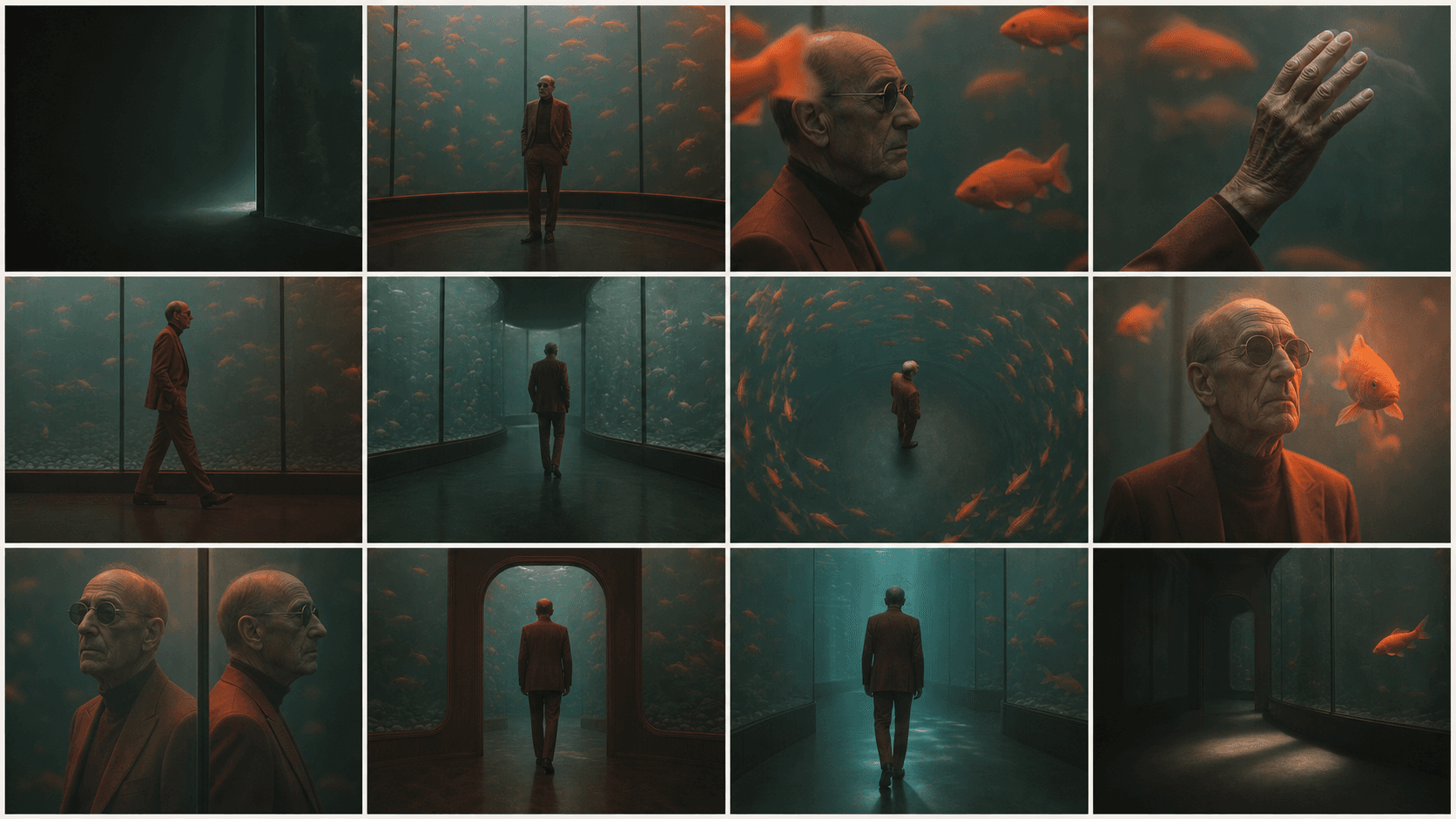 A twelve-panel screenplay board for The Keeper of Orange Light, showing a resident moving through monumental aquarium architecture