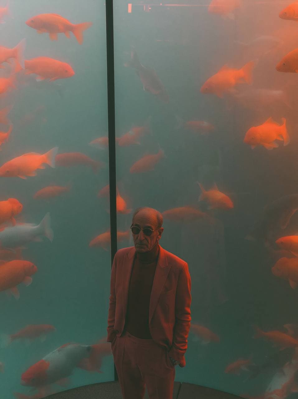 An older man in dark red tailoring stands inside a monumental aquarium filled with glowing orange koi