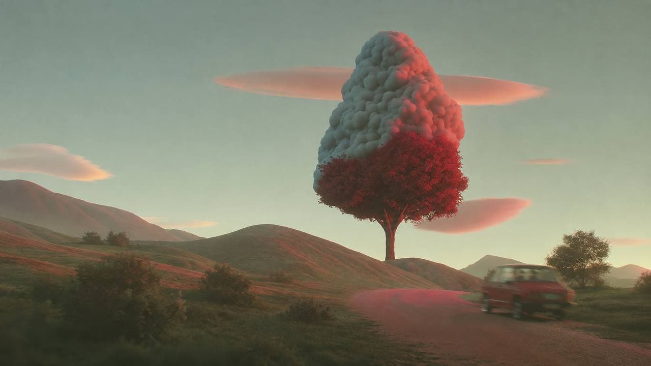 A red touring car approaches a cloud-shaped tree at dusk in the Morrow One brand concept